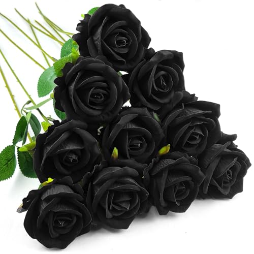 10 PCS Artificial Roses with Long Stems Silk Flowers Realistic Foam Flowers Fake Roses for Valentine's Day Home Wedding Halloween Decor(Black) - color: Black