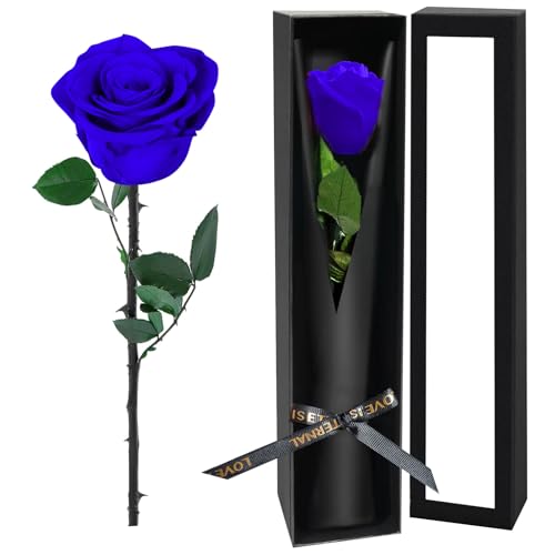 Blue Single Forever Roses in a Box,Preserved Flowers for Delivery,Preserved Rose Gifts for Women, Real Roses Gift for Her, Mom Birthday Gifts, Mothers Day Flowers,Valentines Flowers,Presents for Her - color: Blue-window