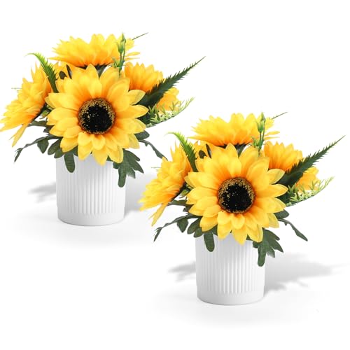 Coferset Sunflower Potted Artificial Flowers Small Fake Plant Yellow Sunflower Small Artificial Plants for Home Office Farmhouse Coffee Table Bathroom Wedding Party Decor(2PCS)