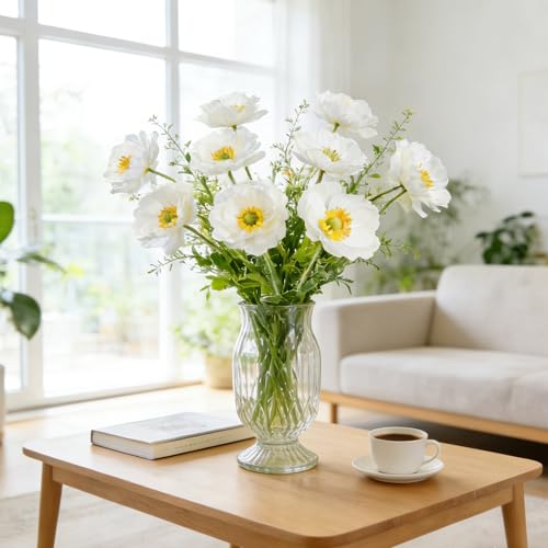 HCTCPALS Artificial Flowers for Outdoors 6 Pcs Poppy Plant Realistic Silk Fake Flowers for UV Resistant Faux Plants Outdoor Indoor Outside Front Porch Hanging Planter Decoration-23.5” White - color: Poppy White