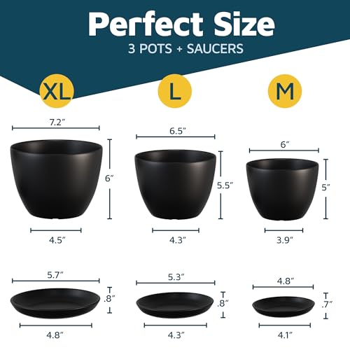 Black Plant Pots with Drainage Holes & Saucers 3 Pack, Indoor & Outdoor Stackable Space-Saving Planters for Houseplants & Flowers, (7", 6.7", and 6" Inches), Durable & Weatherproof Materials - color: Black, size: Pack of 3