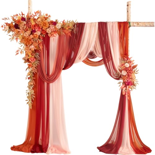 TINGE TIME Wedding Arch Flowers Kit - Deluxe 5pcs Artificial Floral Swag with 3 Sheer Drapes, Realistic Silk Flower Arrangements for Fall Wedding Ceremony Arbor Backdrop Reception Party Home Decor - color: Maplered