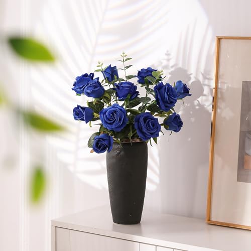 Blue Fake Roses Artificial Flowers - 10 Pcs Fake Artificial Roses Silk Flowers with Stems for Home Wedding Hotel Office Centerpiece Decor（Navy Blue） - color: Navy Blue, size: 10 Pcs