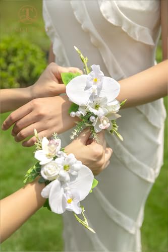 TINGE TIME Set of 2 Wrist Corsage Bracelets Pearl Wristlet Band Bridesmaid Bracelet for Wedding Ceremony Bridal Shower Wedding Artificial Flower Prom (IvoryWhite) - color: Ivory White