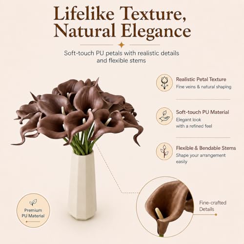 Mandy's 20pcs Brown Calla Lily Artificial Flowers | 13.5 Inch PU Realistic Bouquet for Vase Elegant Home Decor Centerpiece Wedding Bridal Bouquet Table Decoration - color: Brown
