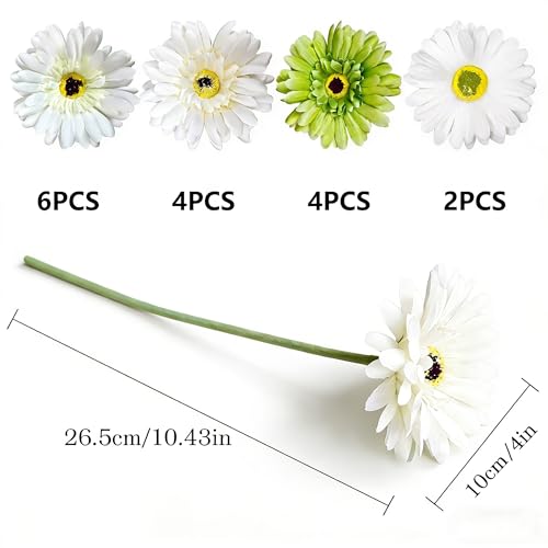16Pcs White Green Artificial Flowers Gerbera Daisy Bulk, Fake Silk Flowers Arrangements, Lifelike Faux Daisy for Wedding Bouquet Table Centerpiece Home Decor - color: White