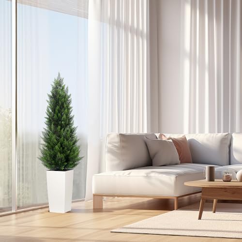 5FT Tall 2 Pack Artificial Cedar Topiary Trees with Compact Pyramidal Shape, Realistic Faux Cypress in Square White Pot with Fillable Water Bag, Outdoor Evergreen for Front Porch Garden Home Decor - color: White-pyramid Topiary, size: 5ft-2pack