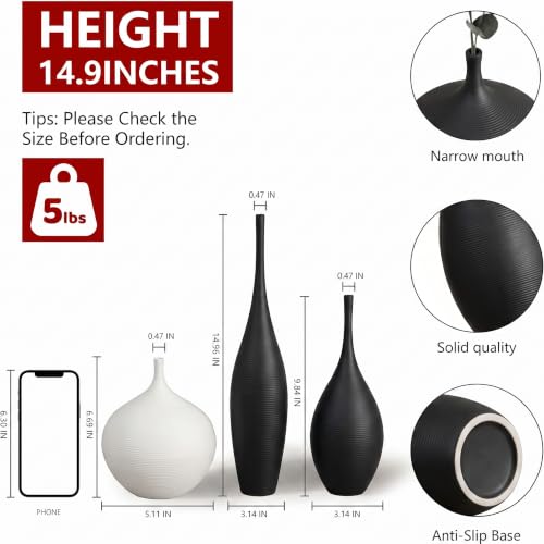 Relexome Black and White Ceramic Vase Modern Wabi-Sabi Flower Vase Set of 3 Decorative Aesthetic Vases for Centerpieces Matte Minimalist Vases for Living Room Table Shelf Home Decor Gift - color: 2black+white