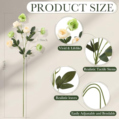 6 Pcs 32" Large Beige Green Artificial Peonies Stems Flowers, Real Look Faux Silk Peony Bouquet 42 Heads Total for Vase Filler, Farmhouse Rustic Neutral Home Decor, Wedding Centerpieces - color: Beige and Green