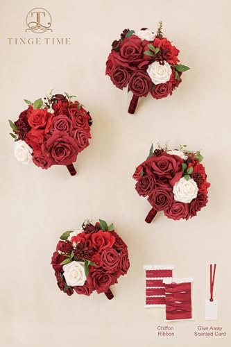 TINGE TIME Burgundy Bridesmaid Bouquets Set of 4 for Wedding Wedding Bouquets 7 Inch Artificial Silk Flowers Bridal Bouquets for Bridesmaids, Wedding Decor, Anniversary, Party - color: Burgundy Red