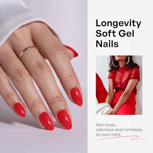 32Pcs Soft Gel Press on Nails for Women, Bright Red, Short Almond | Solid Color Glossy False Fake Nails Press Ons for Office Daily Wear, Salon Quality Reusable Glue & Stick on Nail Gift Kit - color: 3G-Bright Red