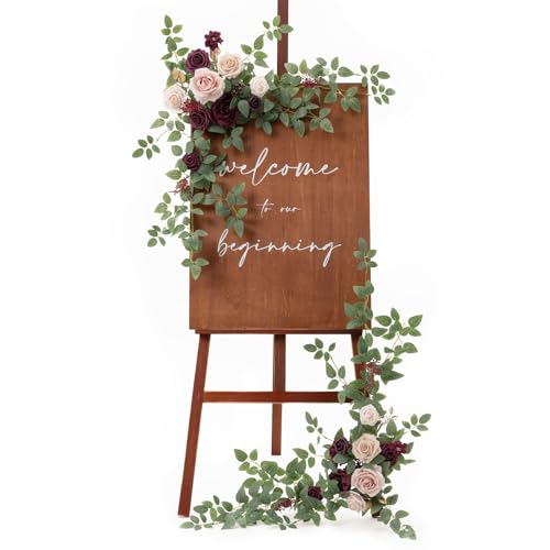 Ling's Moment 2pcs Wedding Flowers Garland Artificial Floral Swag Arch Decorations Rose Greenery Arrangements Marsala Blush Ceremony Reception Garden Easel Wall Entryway Outdoor board(NOT Include Sign - color: Marsala & Blush