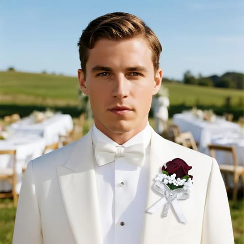 2Pcs Burgundy Rose Corsage and Men Boutonniere Set Women Wristlet Band Wrist Bracelets, for Prom Wedding Ceremony Flowers Decorations and Homecoming Party Accessories - color: Burgundy, size: 1 Boutonniere & 1 Wrist Corsage