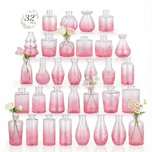 RUCKAE Glass Bud Vases Mini Flower Vase Small Vintage Vases for Centerpiece Table Wedding Decorations Home Decor Party(Gradient Pink 32pack) - color: Gradient Pink