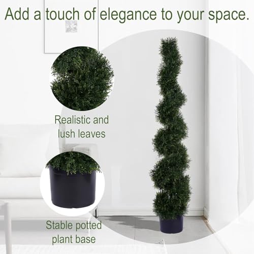 Two 5 Foot 4 Inch Artificial Cypress Spiral Trees Potted Indoor or Outdoor