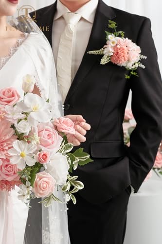 TingeTime Single Pocket Boutonniere for Man Groom, Best Man Boutonniere for Wedding Ceremony Anniversary, Formal Dinner Party and Rustic Spring Wedding Marriage(PeachPink&White) - color: Peachpink&white