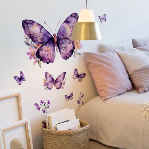Purple Butterfly Wall Decals Removable Purple Butterflies with Flowers Wall Stickers Peel and Stick Vinyl Butterfly Art Wall Decor for Living Room Bedroom Nursery Bathroom Classroom Decorations - style: Purple Butterfly