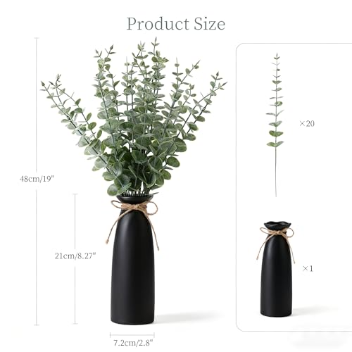 Vase with Greenery, 20pcs Artificial Eucalyptus Stems in Black Vase, Fake Plant Home Decor, 19" Decorative Faux Plants for Home Farmhouse Mantle Centerpiece Decor - color: Black