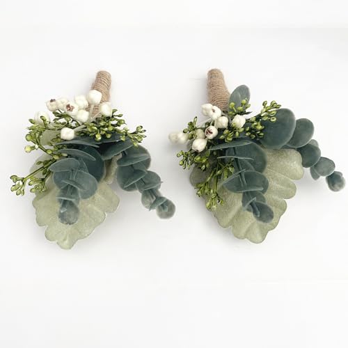 Handmade Artificial Succulent Corsage Wristlet Realistic Berry Green Plants Boutonniere for Wedding Decor 2 Pcs (Corsage A) - color: Green