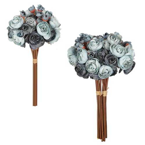 IPOPU Dusty Blue Ranunculus Artificial Flowers 2Bouquets Realistic Silk Flowers 12PCS Mini Fake Flowers for DIY Wedding Bouquet Bridal Shower Decorations Blue Flowers Centerpieces (Dusty Blue) - color: Dusty Blue