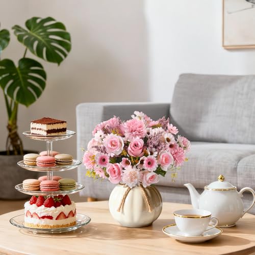 Artificial Fake Flowers for Spring Decoration, 4 Pcs Faux Silk Flower Arrangements Centerpiece for table with Chrysanthemum Rose Daisy Floral Bouquets Office Wedding Patio Porch Indoor Home Decor - color: Pink