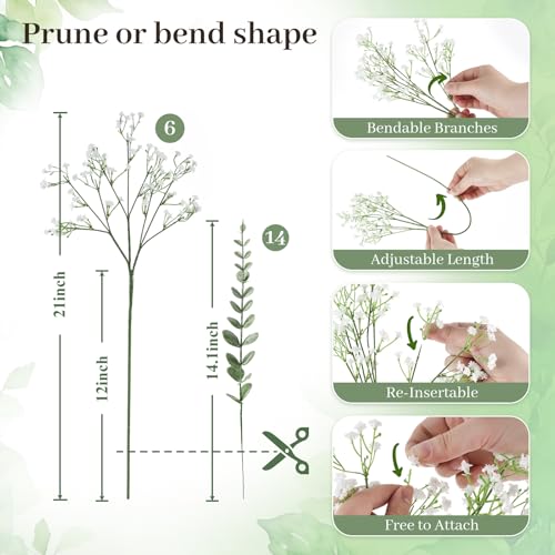 DomeStar 20PCS Mixed Babys Breath and Eucalyptus Stems, Artificail Flower Bouquet Floral Arrangement for Vase Fillers Table Centerpieces Home Party Wedding Decoration