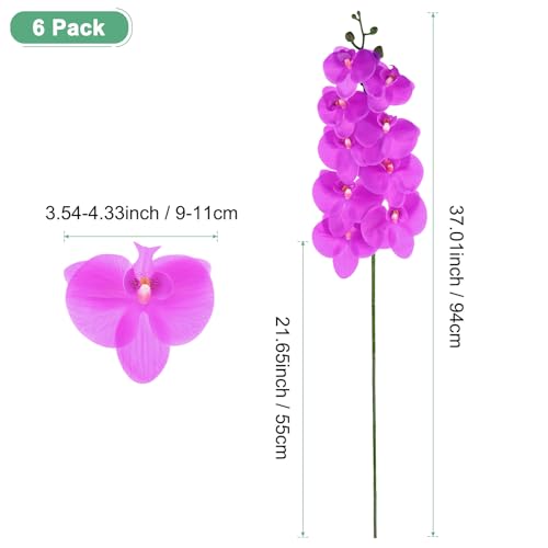 M METERXITY 6-Pack Artificial Orchid Flowers 9 Large Petals 37 Inch Faux Phalaenopsis Silk Bouquets Real Touch Dark Purple Fake Orchids for Home/Wedding/Christmas/Party/Garden Office - color: Dark Purple
