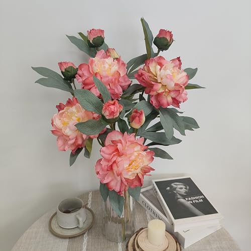 Coral Pink Peonies Artificial Flowers,4 Pcs Fake Silk Peonies with Stems Real Look,Peony Bush for Home Decor (4, Coral Pink) - color: Coral Pink