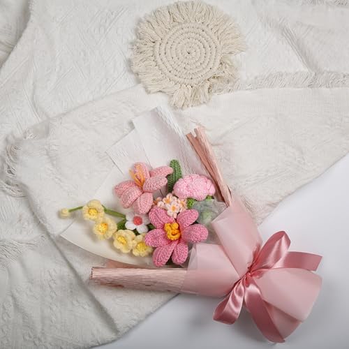 Crochet Flower Bouquet, Handmade Knitted Tulip Faux Crochet Flowers for Home Decor Valentine’s Day Anniversary Weddings Birthdays Mother’s Day, Includes Gift Bag and Greeting Card (Pink) - color: Pink