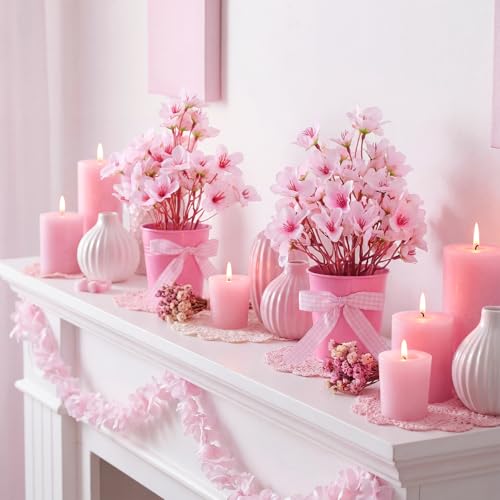 Suncalla 2 Pack Small Artificial Cherry Blossom Plant in Pots Faux Flower Potted Plants Pink Arrangement Rustic Home Decor 7.9" Tall for Sakura Japanese Table Centerpiece Windowsill Indoor Decor - color: Pink, style: Cherry