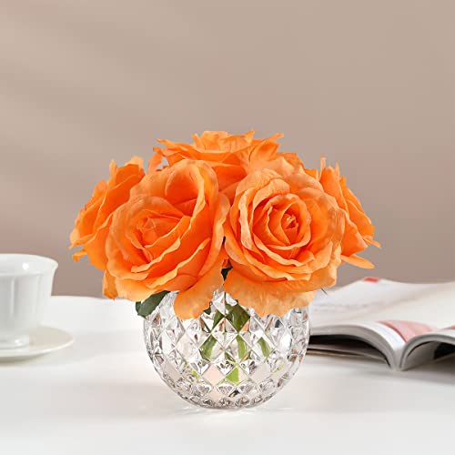 7 Large Stem Orange Rose Artificial Flowers in Vase, Silk Flowers Arrangement in Round Glass Vase Without Water for Home Decor, Wedding Table (Orange) - color: Orange W/O Water