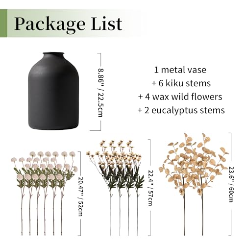 BLOSMON Beige Faux Flowers in Vase: Metal Vase with 12 Stems of Fake Mums Wax Eucalyptuses for Dining Table Centerpiece Decor - Artificial Silk Kiku Pom Poms Wild Farmhouse Floral Arrangements - color: Beige Wax + Kiku