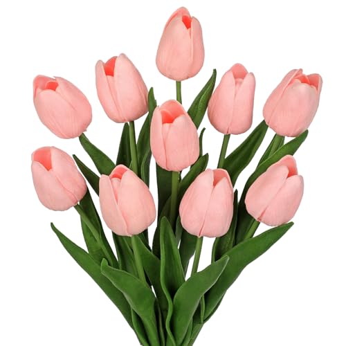10 Pcs Baby Pink Tulips Artificial Flowers Real Touch Fake Tulips Fake Flowers for Mother's Day 13.5" Faux Tulips Faux Flowers Bulk Artificial Tulips Flowers for Vase Centerpieces Home Wedding Bouquet - color: Baby Pink #10