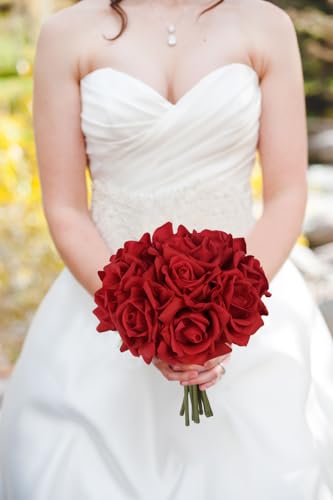 IPOPU Red Roses Artificial Flowers 2 Bouquets 10PCS Realistic Fake Roses Real Touch Faux Roses with Stems for Wedding Home Party Table Centerpieces Decoration(Red) - color: Red