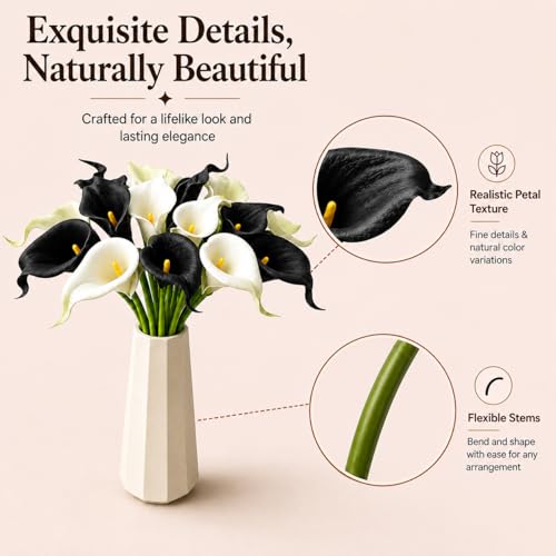 Mandy's 20pcs Black and White Calla Lily Artificial Flowers | 13.5 Inch PU Realistic Bouquet for Vase Elegant Home Decor Centerpiece Wedding Bridal Bouquet Table Decoration - color: Black and White