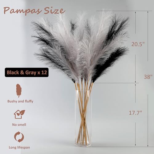 12 Pcs Black and Gray Faux Pampas Grass Decor 38"/3.1FT Tall Fake Pompas Floral Large Artificial Pompous Grass Branches Plants for Floor Vase Filler Home Boho Decoration - color: Black&gray