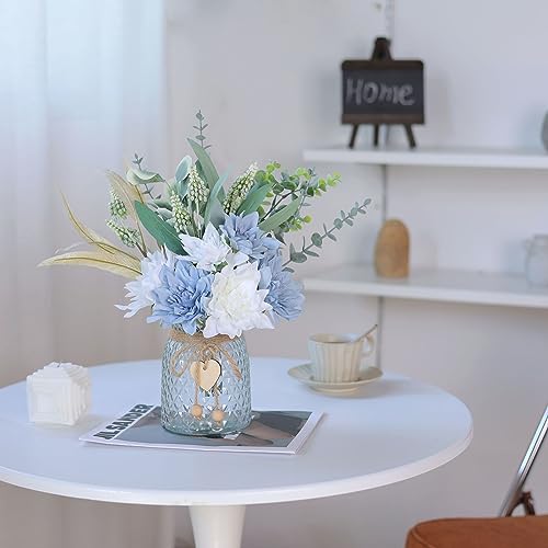 Faux Flowers with Vase,Artificial Silk Flowers in Vase, Fake Plant Eucalyptus and Willow,Flower Arrangement for Home Farmhouse Dining Table Centerpiece Decorations Coffee Table Decor (Dusty Blue) - color: Dusty Blue