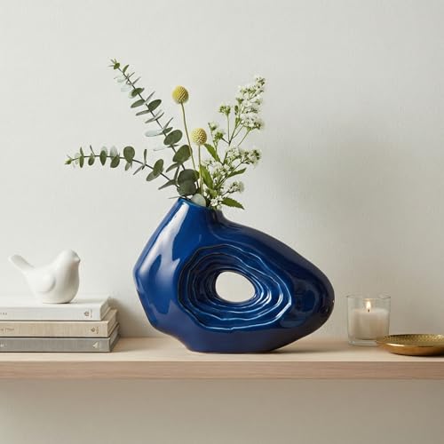 Sunddo Blue Ceramic Vase for Modern Home Decor - 7 Inch Small Donut Vase, Boho Style Decorative Vase for Flowers, Bathroom, Shelf Centerpiece - color: Blue, size: 7 inch