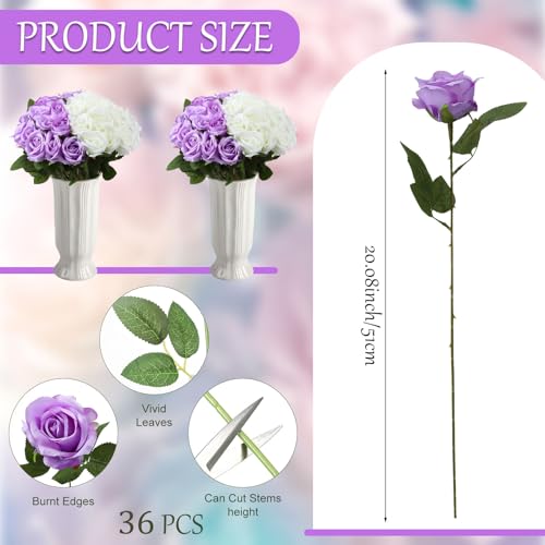 36 Pcs Silk Purple White Rose Bouquet Bridal Artificial Flowers,Fake Rose Long Stem Realistic Flowers Bulk for Wedding Bouquet Ball Arrangement Centerpiece Party Decor - color: Purple, White