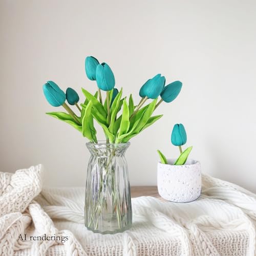 Artificial Flowers 10 Heads Mini Real Touch Artificial Tulip for Home Wedding Party Centerpiece Decoration (Dark Teal) - color: Dark Teal