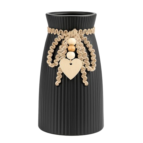 DomeStar Black Ceramic Vase, 6.3" Tall Boho Ribbed Vase for Pampas Grass, Wedding Centerpiece, Coffee Table, Bedroom & Apartment, Neutral Farmhouse Minimalist Modern Home Decor - color: Black
