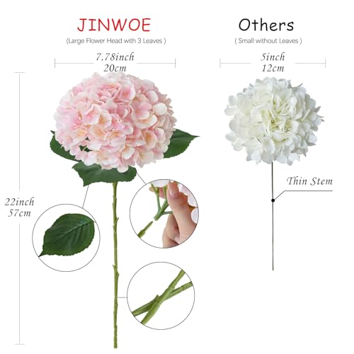 JINWOE Pink Flowers Silk Artificial Hydrangeas, 4Pcs 22" Lifelike Large Silk Flowers with Stems, Artificial Flowers for Wedding Bouquet Table Centerpieces Outdoor Home - color: Light Pink