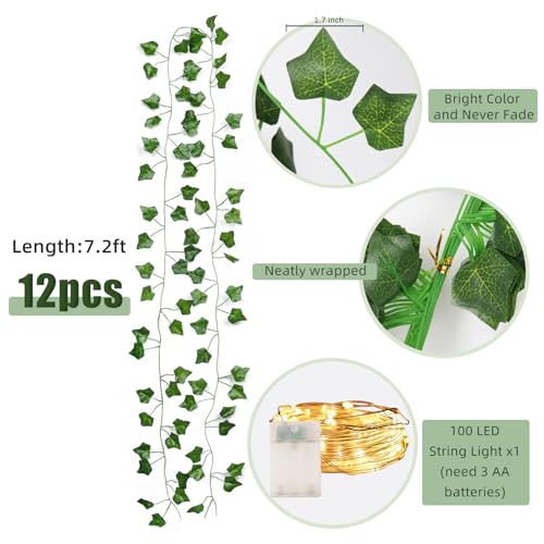 RECUTMS Ivy Fake Vines for Room Decor 12 Pack 86 FT Artificial Plant with 100 LED String Light Bedroom Aesthetic Hanging Greenery Garlands Backdrop Leaves for Wall Wedding Party Home Garden Decor - color: Green-12 Light