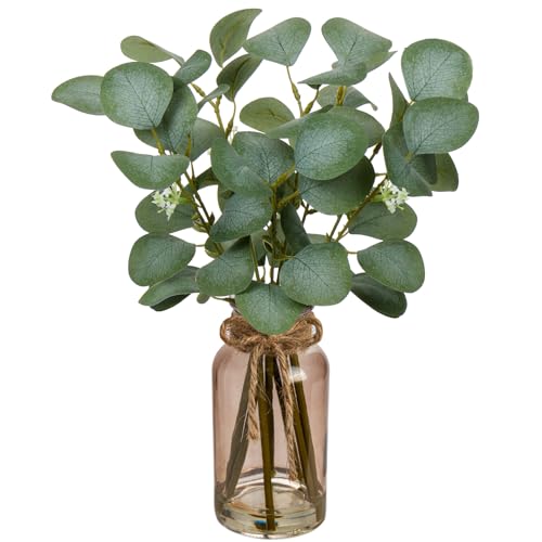 Briful Artificial Eucalyptus Stems in Teal Glass Vase with Faux Water, 14" Fake Plant Eucalyptus Leaves for Home Farmhouse Wedding Centerpiece Bathroom Décor - color: Teal