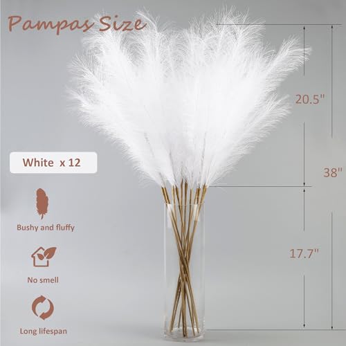 12 Pcs White Faux Pampas Grass Decor 38"/3.1FT Tall Fake Pompas Floral Large Artificial Pompous Grass Branches Plants for Floor Vase Filler Home Boho Decoration - color: White