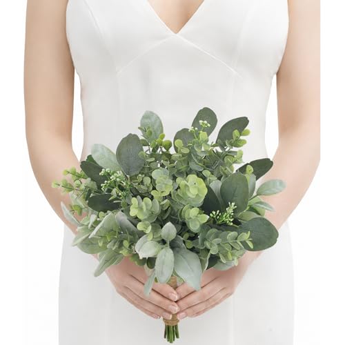 Rinlong Greenery Eucalyptus Bridesmaid Bouquet for Wedding, Prom | Silk Bridal Bouquet, Homecoming, Destination Friendly - color: 09-dusty Green
