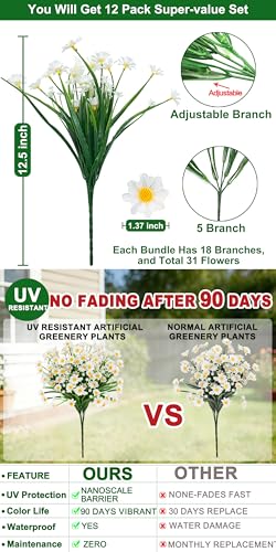 12 Bundles Artificial Daisy Flowers for Outdoors Summer Decor, UV Resistant Fake Cemetery Flowers Faux Plastic Greenery Shrub Plants for Outside Home Gardens Porch Planter Memorial Day Decor(White) - color: White, size: 12 Bundles