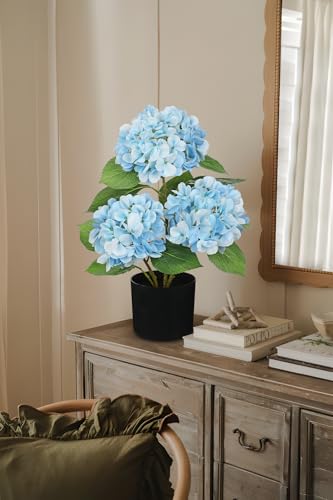 Hollyone Light Blue Hydrangea Artificial Flowers Plant Potted 19.7" Faux Silk Hydrangea Flower Tree Arrangements for Home Bathroom Office Table Centerpiece Shelf Decorations - color: Light Blue, size: 3 Head Hydrangea