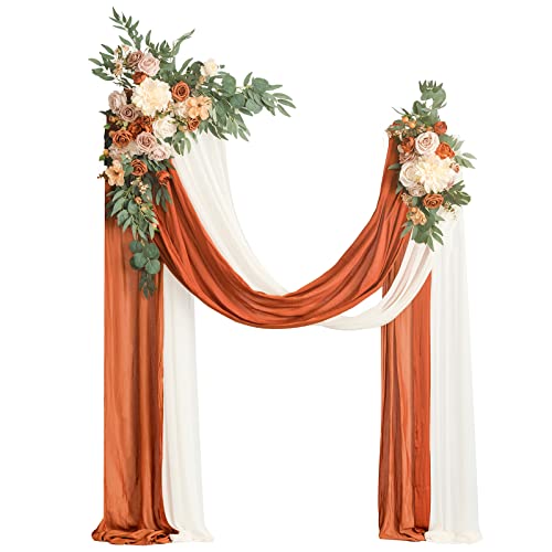 Ling's moment Fall Artificial Wedding Arch Flowers Kit Pack of 4, 2pcs Hanging Flower Arrangement 2pcs Drapes Ceremony Rose Arbor Backdrop Brunt Orange Terracotta Floral Party Autumn Outdoor Decor - color: Sunset Terracotta New