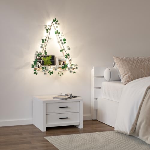 Triple Artificial White Flower Garland with LED-Strip Wall Hanging Shelves Set of 2, Boho Shelves for Wall Décor, Macrame Wall Shelf for Bedroom Bathroom Living Room Kitchen (No Battery Included) - color: Triple Flower